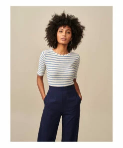 Seas Linen Stripe T-shirt - Women's Collection - Blue Bellerose Fashion Adult -Bellerose Elegant Shop seas linen stripe t shirt women s collection seas linen stripe t shirt women s collection blue bellerose fashion adult 2